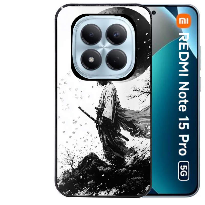 Coque noire taperso pour Redmi Note 15 et PRO PLUS 4G 5G avec motif samourai et lune protection antichoc personnalisée