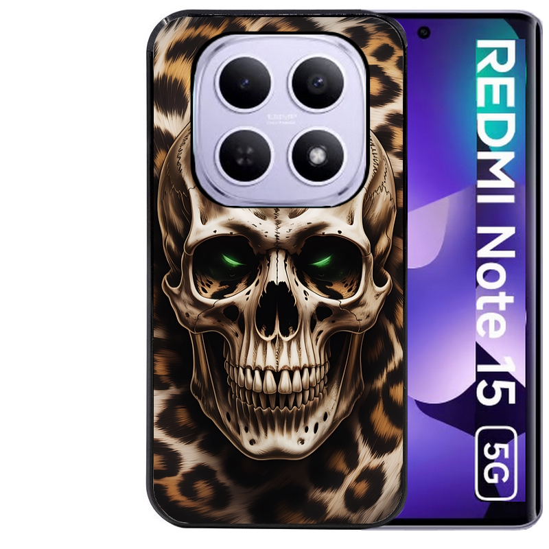 Coque noire taperso pour Redmi Note 15 et PRO PLUS 4G 5G avec motif tete de mort leopard protection antichoc personnalisée
