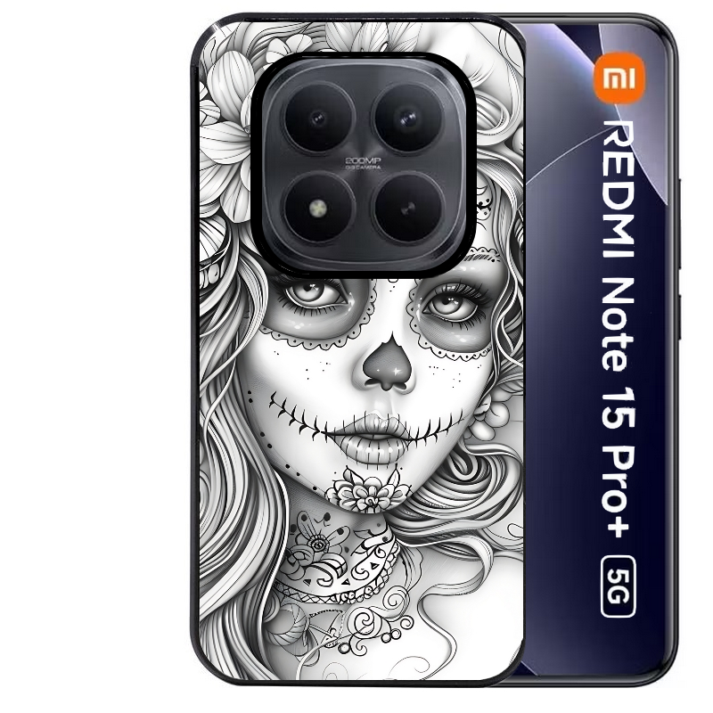 Coque noire taperso pour Redmi Note 15 et PRO PLUS 4G 5G avec motif mort calavera tatoo protection antichoc personnalisée