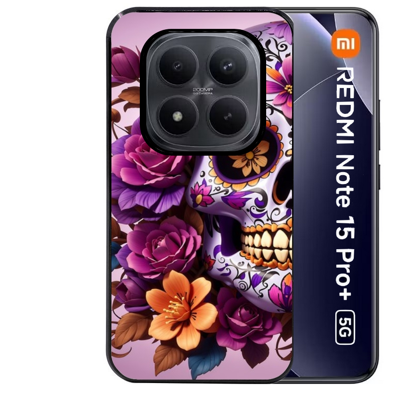 Coque noire taperso pour Redmi Note 15 et PRO PLUS 4G 5G avec motif tete de mort calavera violette protection antichoc personnalisée