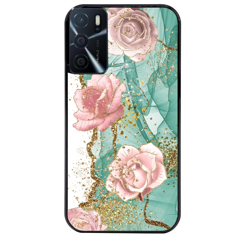 Coque noire taperso pour OPPO A16 et A16S avec motif marbre fleur turquoise protection antichoc personnalisée
