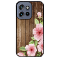 Coque noire taperso pour Moto Edge 60 et Neo Fusion Pro avec motif bois avec fleur rose protection antichoc personnalisée