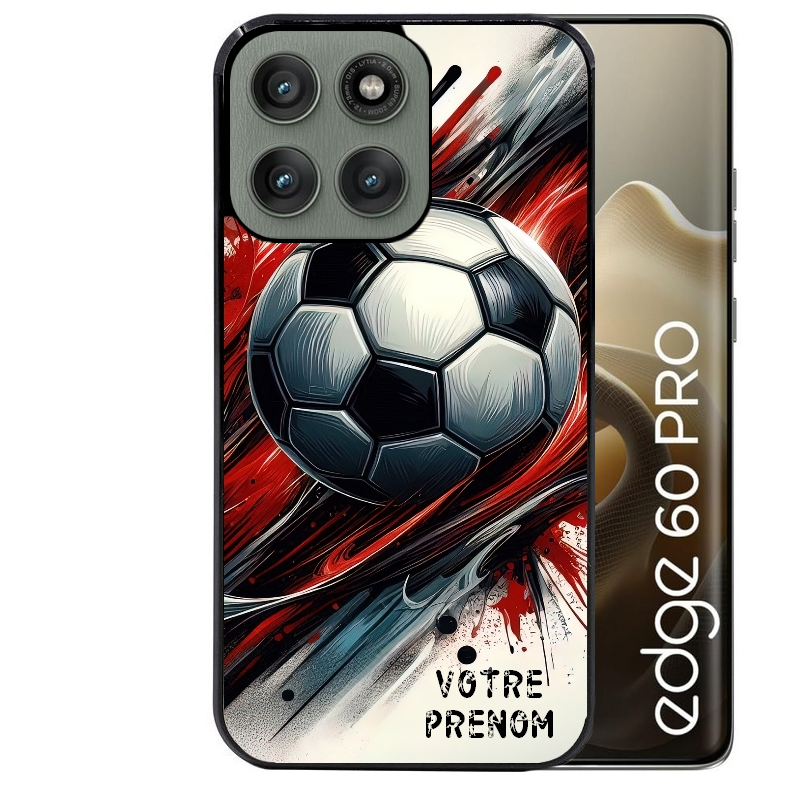 Coque noire taperso pour Moto Edge 60 et Neo Fusion Pro avec motif ballon foot avec prenom protection antichoc personnalisée