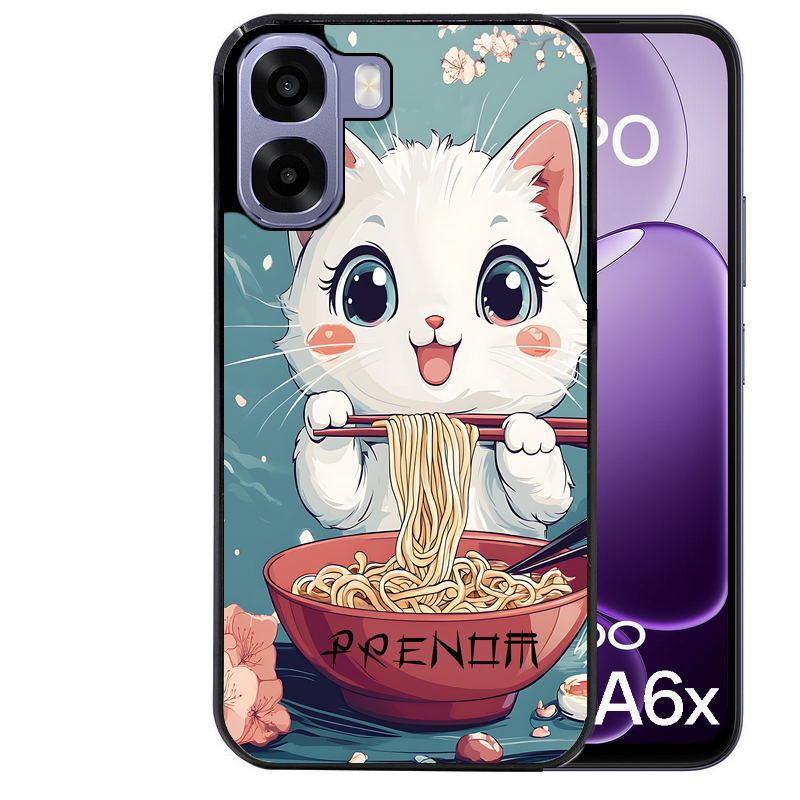 Coque noire taperso pour OPPO A6 A6X 4G et 5G avec motif chat ramen cerisier protection antichoc personnalisée