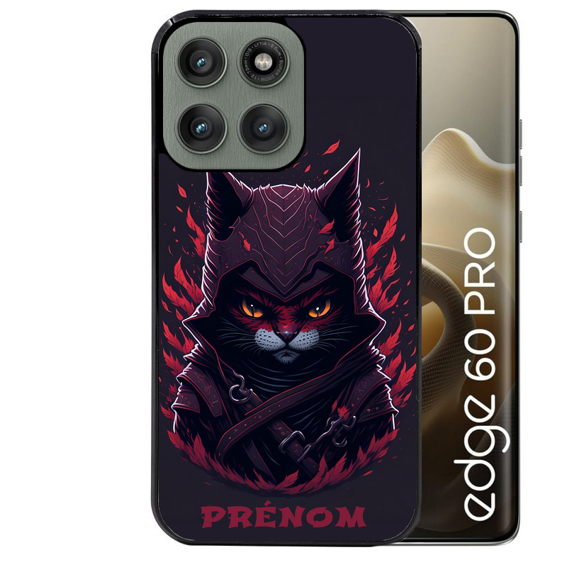 Coque noire taperso pour Moto Edge 60 et Neo Fusion Pro avec motif chat samourai personnalise protection antichoc personnalisée