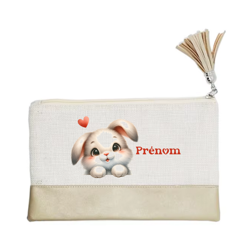 Pochette personnalisée motif lapin cœur en toile et simili cuir personnalisée