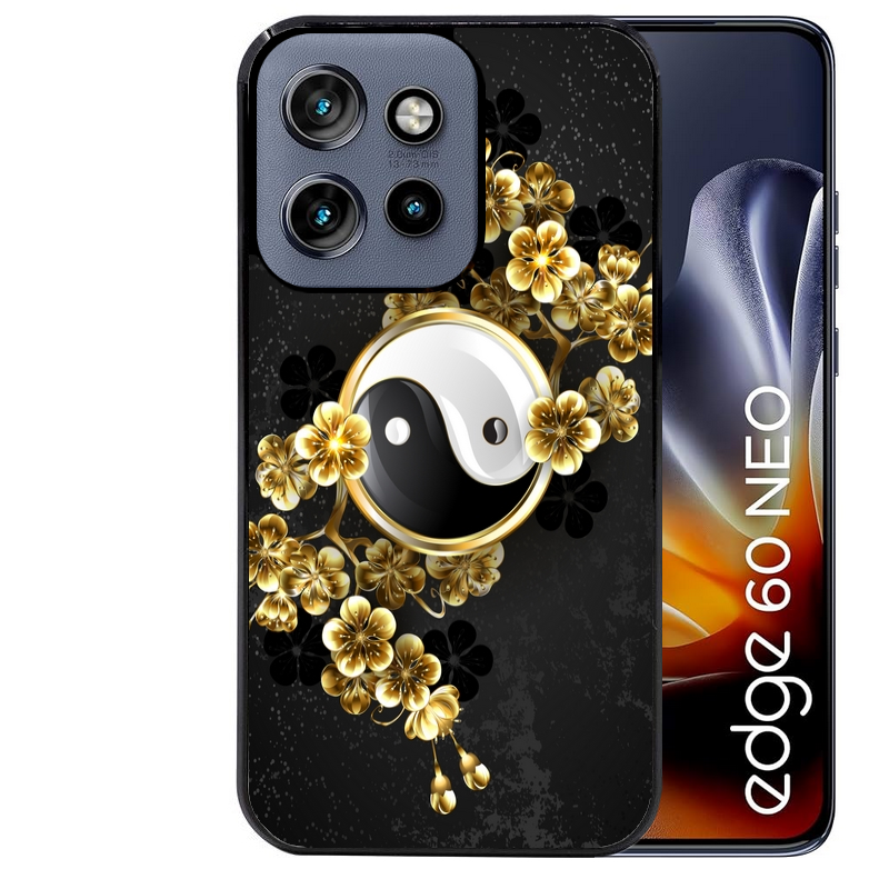 Coque noire taperso pour Moto Edge 60 et Neo Fusion Pro avec motif yin yang et fleur protection antichoc personnalisée