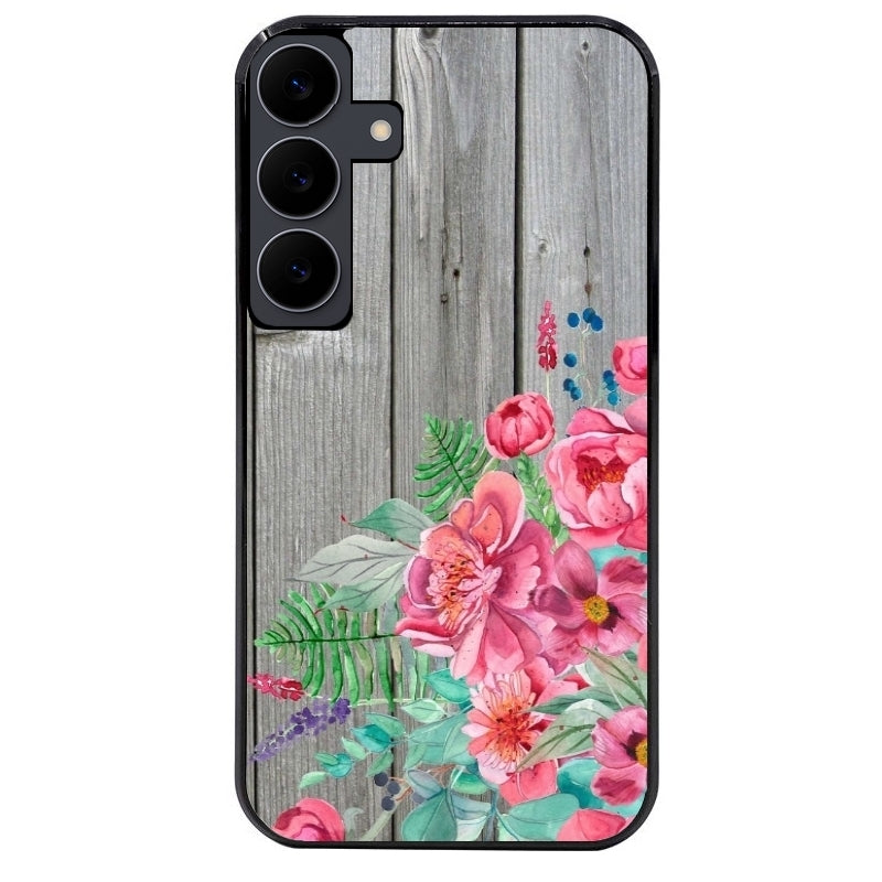 Coque noire taperso pour galaxy A06 A16 A26 A36 A56 avec motif bois gris et fleur rose protection antichoc personnalisée