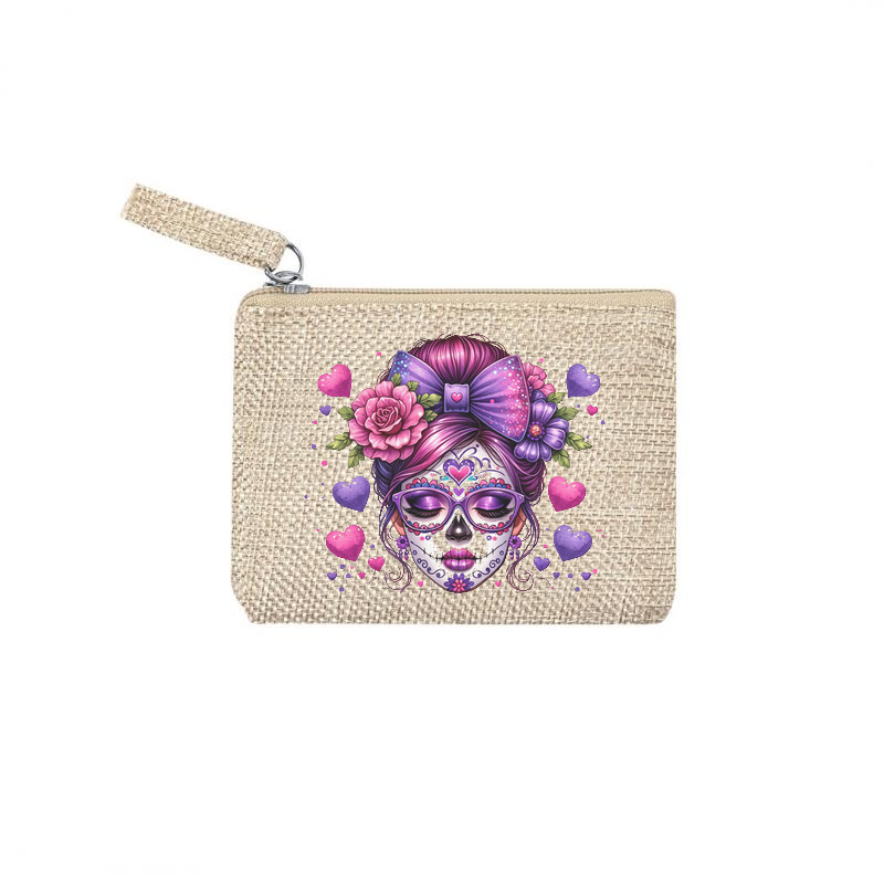 Pochette personnalisée motif tete de mort cœur en toile et simili cuir personnalisée