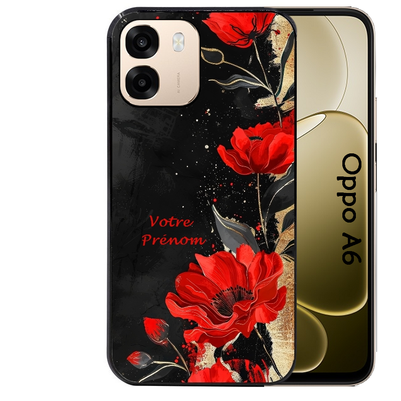 Coque noire taperso pour OPPO A6 A6X 4G et 5G avec motif fleur rouge avec prenom protection antichoc personnalisée