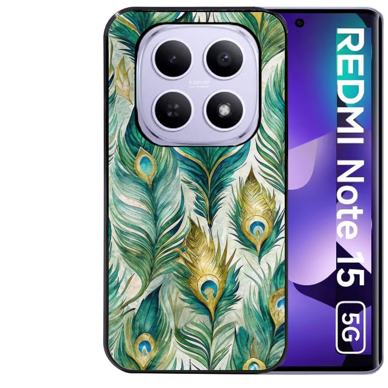 Coque noire taperso pour Redmi Note 15 et PRO PLUS 4G 5G avec motif paon plumes protection antichoc personnalisée