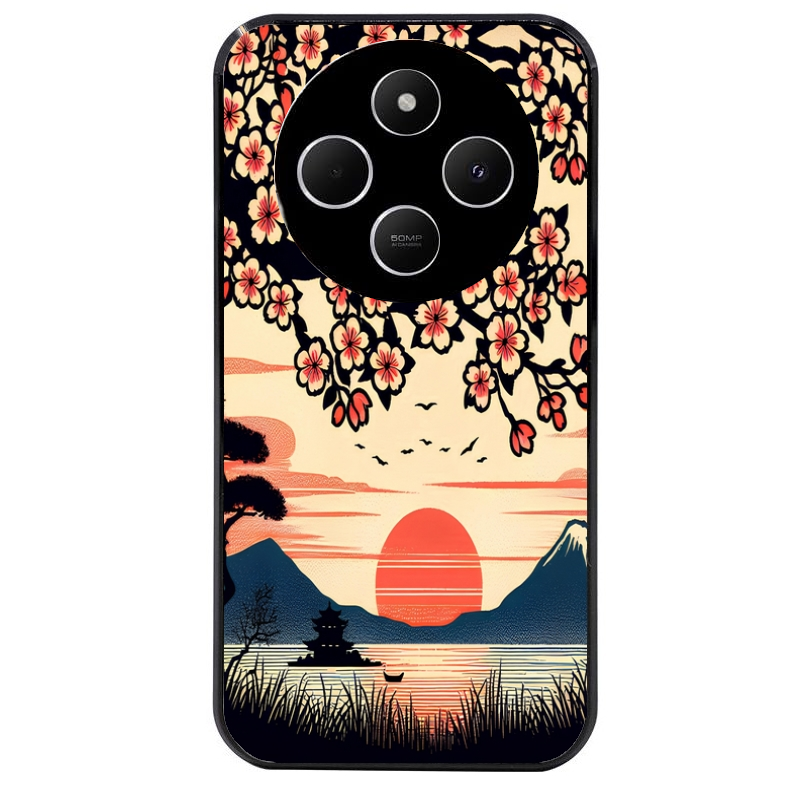 Coque noire taperso pour POCO C75 avec motif japan cerisier protection antichoc personnalisée