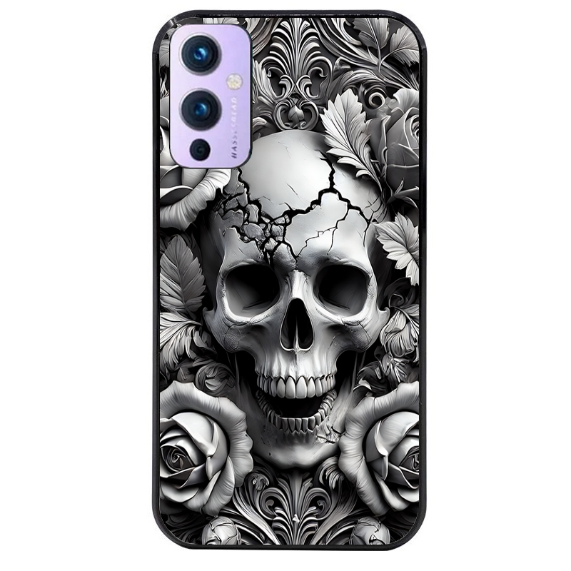 Coque noire taperso pour OnePlus 9 et 9 PRO avec motif tete de mort fleur protection antichoc personnalisée
