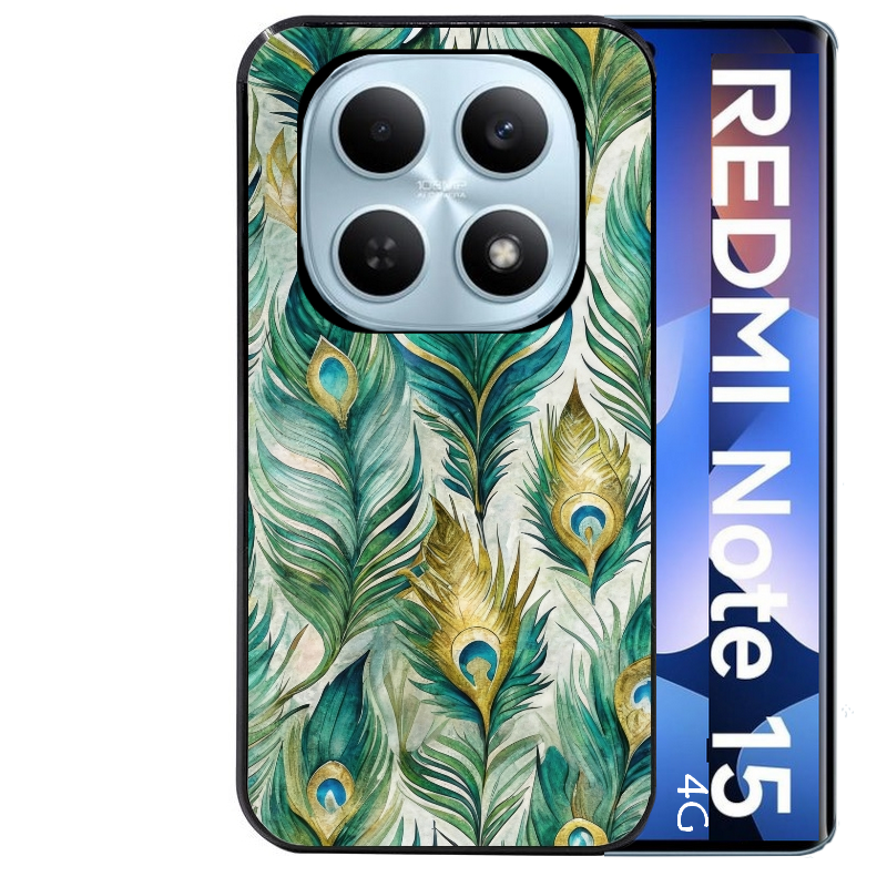 Coque noire taperso pour Redmi Note 15 et PRO PLUS 4G 5G avec motif paon plumes protection antichoc personnalisée