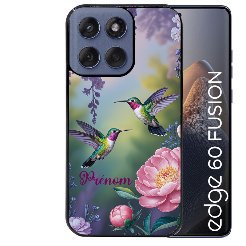 Coque noire taperso pour Moto Edge 60 et Neo Fusion Pro avec motif colibri couple personnalise protection antichoc personnalisée