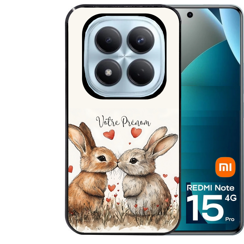 Coque noire taperso pour Redmi Note 15 et PRO PLUS 4G 5G avec motif lapin coeur avec prenom protection antichoc personnalisée