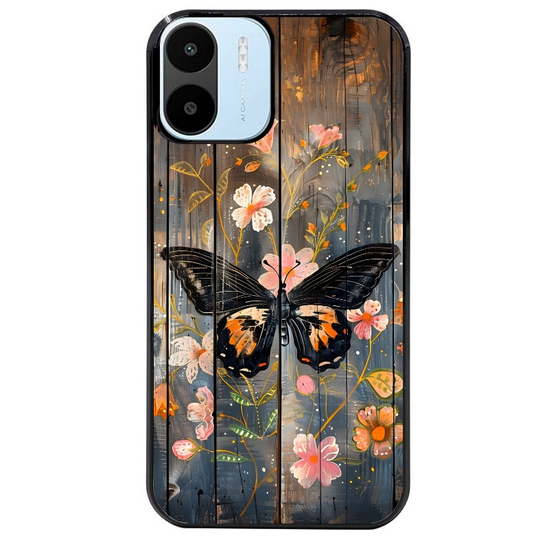 Coque noire taperso pour Redmi A1 et A2 avec motif bois et papillon 2 protection antichoc personnalisée