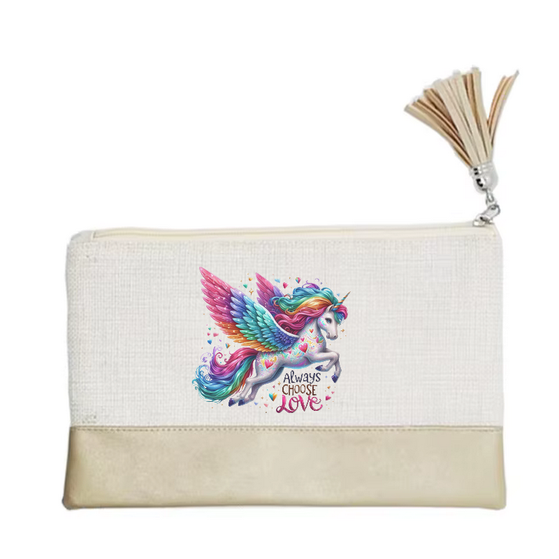 Pochette motif licorne love en toile et simili cuir