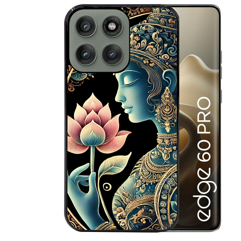 Coque noire taperso pour Moto Edge 60 et Neo Fusion Pro avec motif bouddha et lotus protection antichoc personnalisée