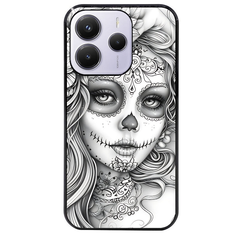 Coque noire taperso pour Redmi Note 14 et PRO PLUS 4G 5G avec motif mort calavera tatoo protection antichoc personnalisée