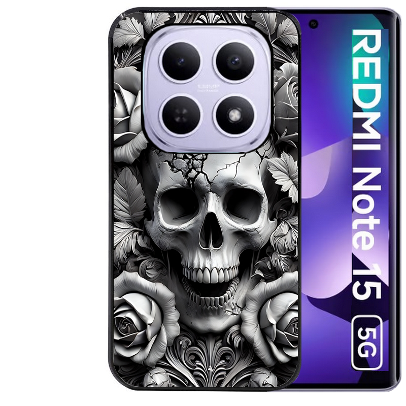 Coque noire taperso pour Redmi Note 15 et PRO PLUS 4G 5G avec motif tete de mort fleur protection antichoc personnalisée