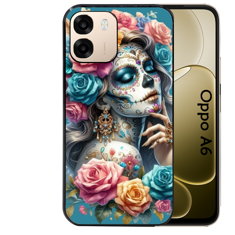 Coque noire taperso pour OPPO A6 A6X 4G et 5G avec motif tete de mort calavera bleu protection antichoc personnalisée