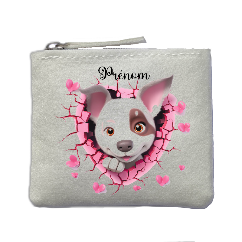 Porte monnaie personnalisé chien mignon ivoire en feutrine en feutrine ivoire