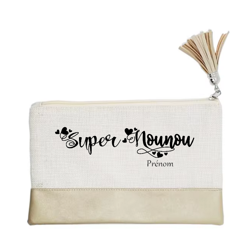 Pochette personnalisée motif nounou super en toile et simili cuir personnalisée