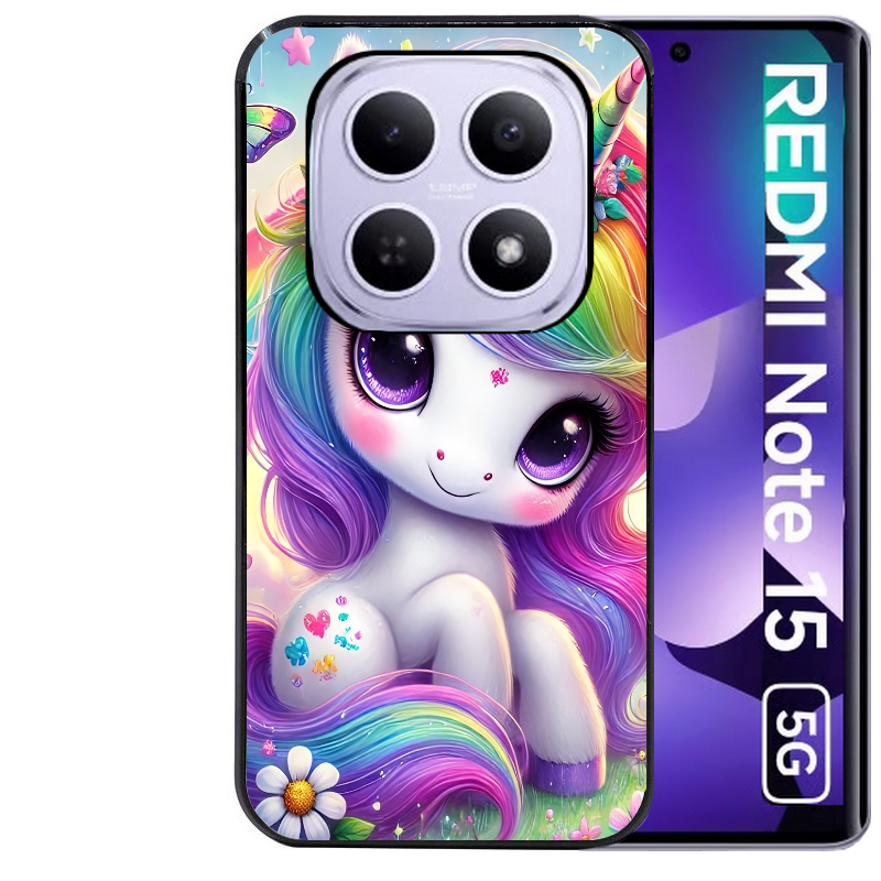 Coque noire taperso pour Redmi Note 15 et PRO PLUS 4G 5G avec motif licorne et fleurs protection antichoc personnalisée