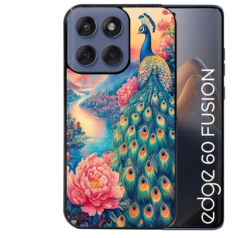 Coque noire taperso pour Moto Edge 60 et Neo Fusion Pro avec motif paon japan protection antichoc personnalisée