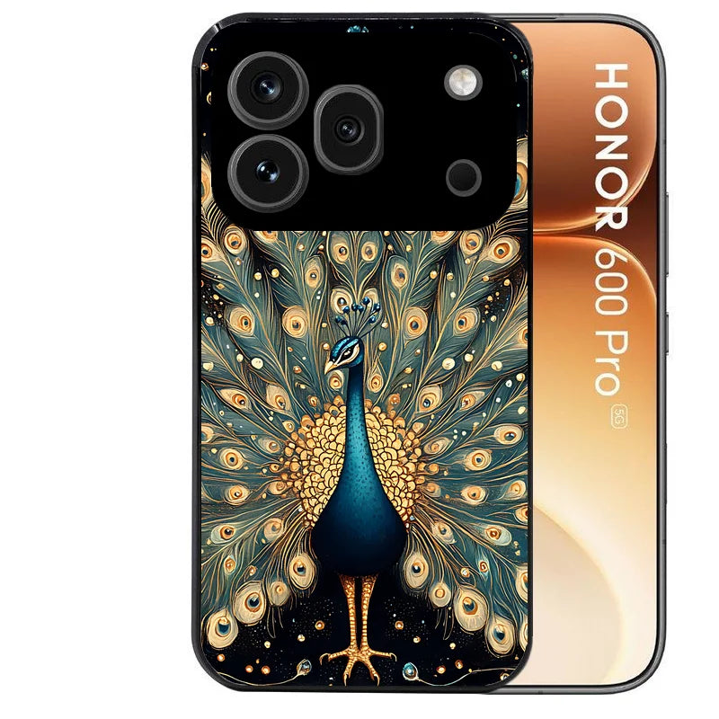 Coque noire taperso pour Honor 600 et 600 PRO avec motif paon mandala protection antichoc personnalisée