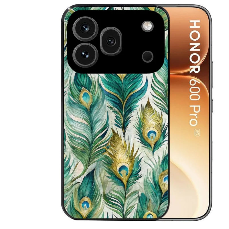 Coque noire taperso pour Honor 600 et 600 PRO avec motif paon plumes protection antichoc personnalisée