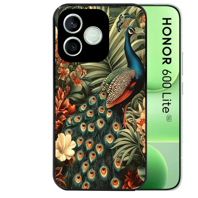 Coque noire pour Honor 600 LITE avec motif paon tropical protection antichoc personnalisée