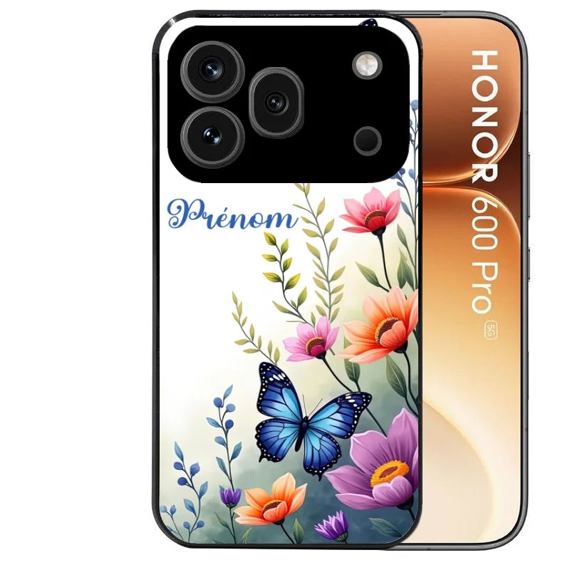 Coque noire taperso pour Honor 600 et 600 PRO avec motif papillon prenom personnalisee protection antichoc personnalisée