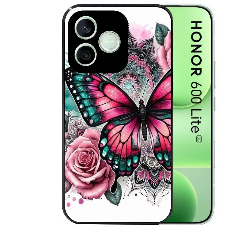 Coque noire pour Honor 600 LITE avec motif papillon rose protection antichoc personnalisée
