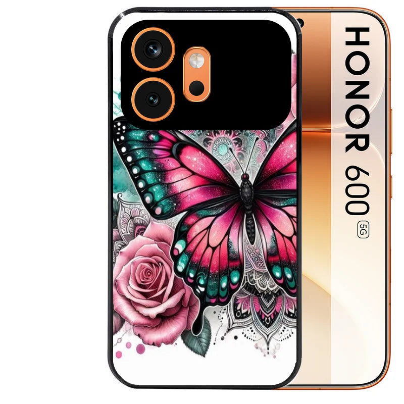 Coque noire taperso pour Honor 600 et 600 PRO avec motif papillon rose protection antichoc personnalisée