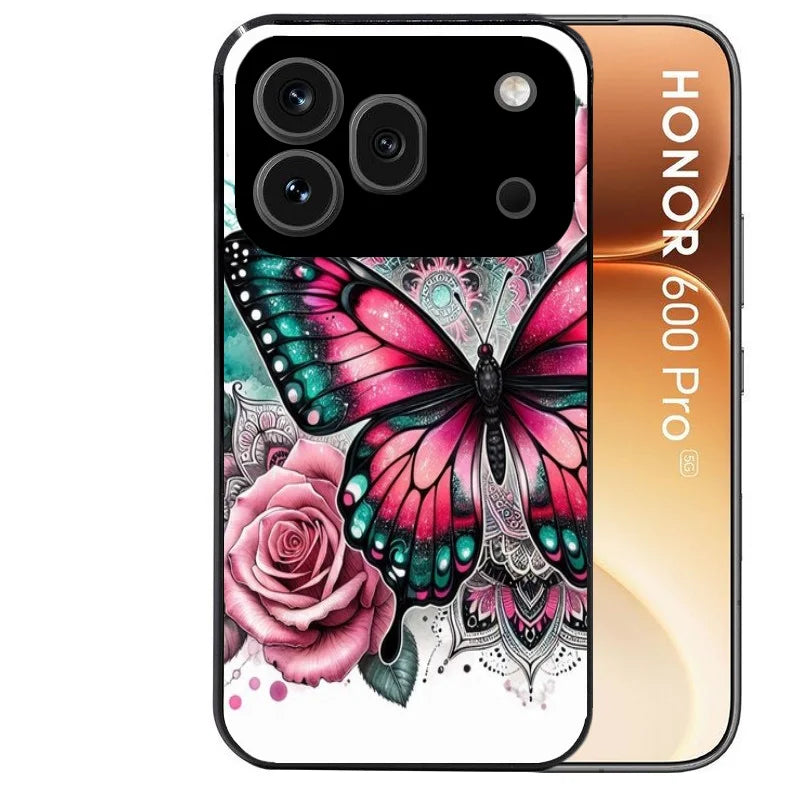 Coque noire taperso pour Honor 600 et 600 PRO avec motif papillon rose protection antichoc personnalisée