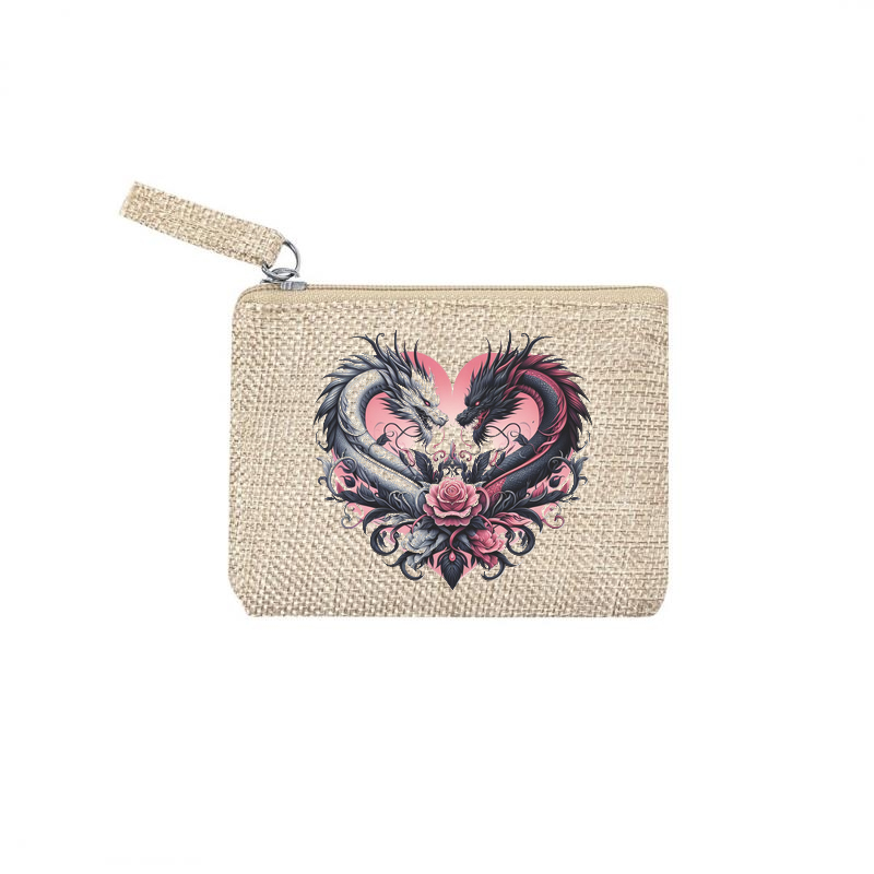 Pochette personnalisée motif dragon love en toile et simili cuir personnalisée