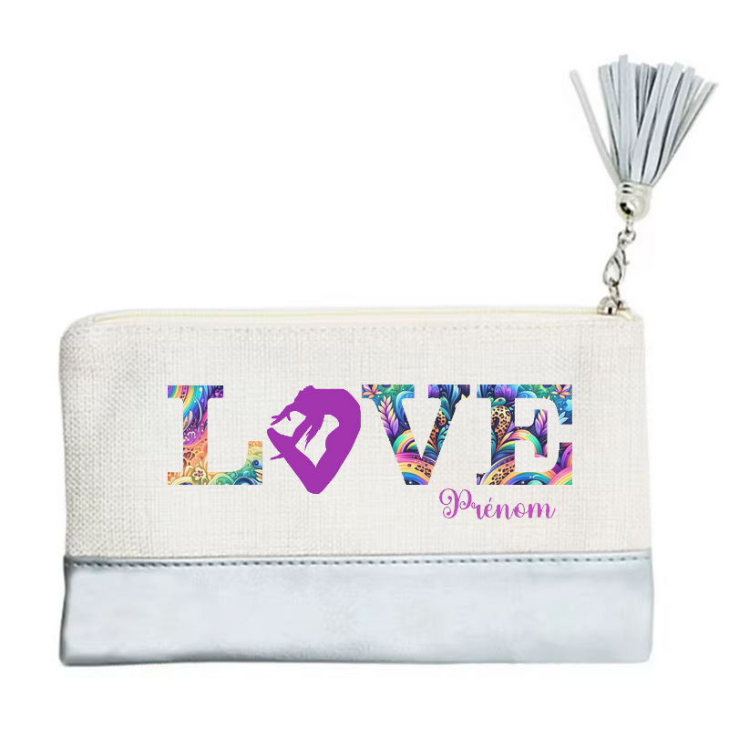 Pochette personnalisée de maquillage maniques Taperso argent avec motif gym love en toile et simili cuir personnalisée