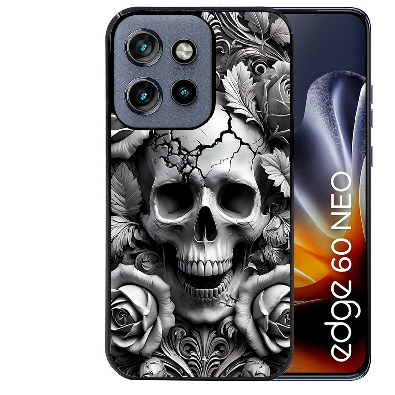 Coque noire taperso pour Moto Edge 60 et Neo Fusion Pro avec motif tete de mort fleur protection antichoc personnalisée