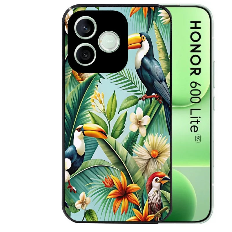 Coque noire pour Honor 600 LITE avec motif perroquet et fleurs protection antichoc personnalisée
