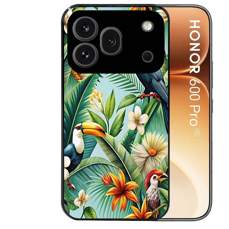 Coque noire taperso pour Honor 600 et 600 PRO avec motif perroquet tropical protection antichoc personnalisée