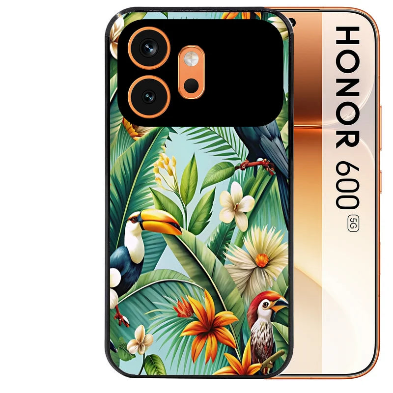 Coque noire taperso pour Honor 600 et 600 PRO avec motif perroquet tropical protection antichoc personnalisée
