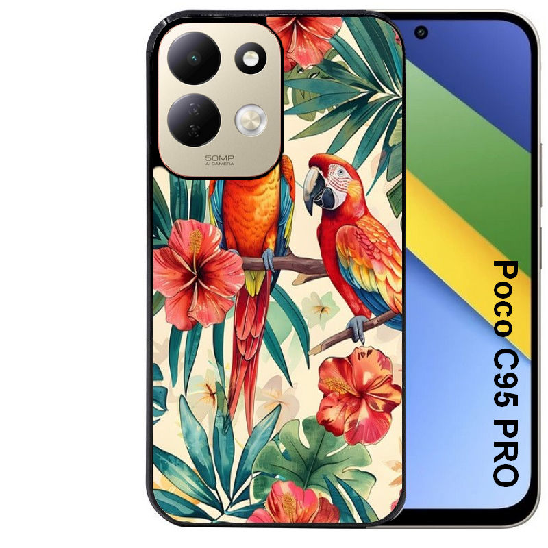 Coque pour POCO C95 PRO perroquet et fleurs