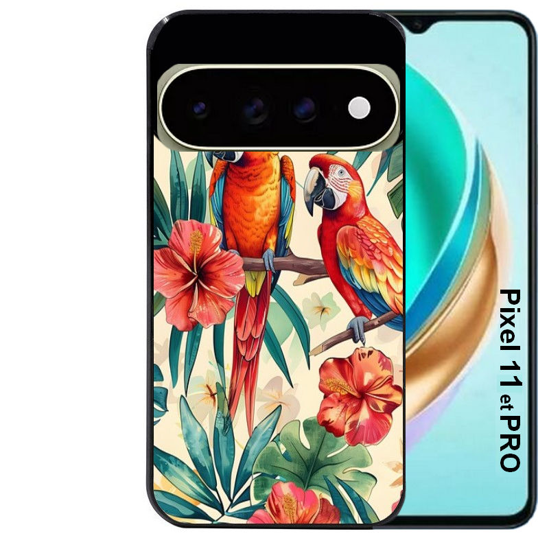 Coque pour Pixel 10 / 11 / PRO / XL perroquet et fleurs
