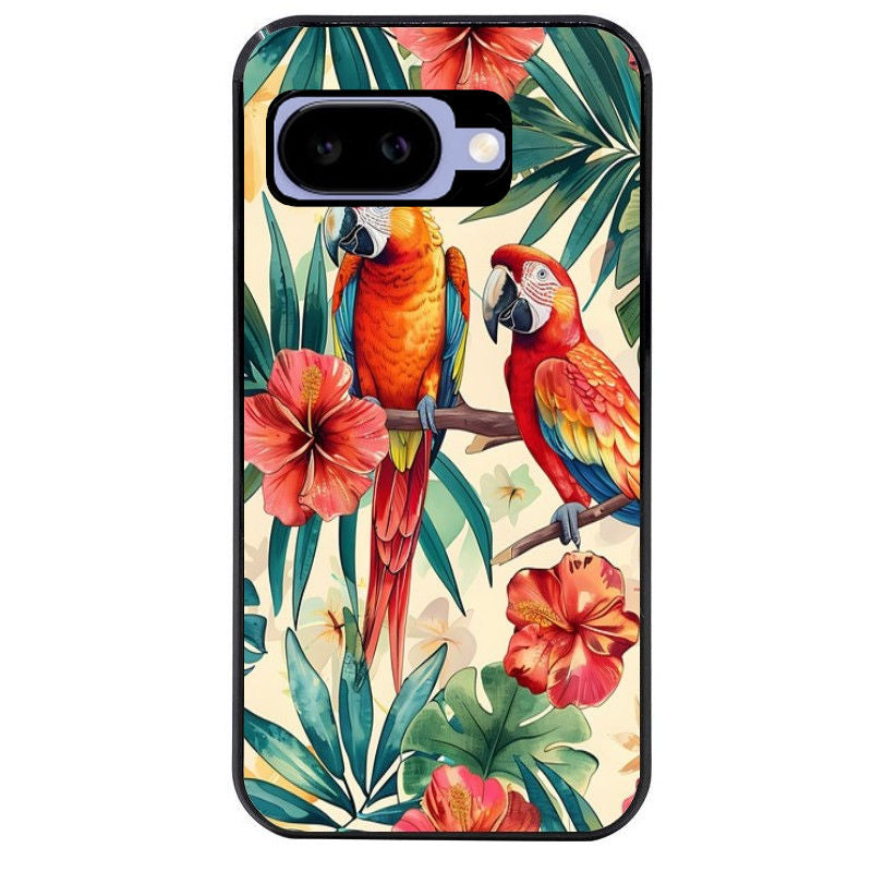 Coque pour Pixel 8A 9A 10A perroquet et fleurs
