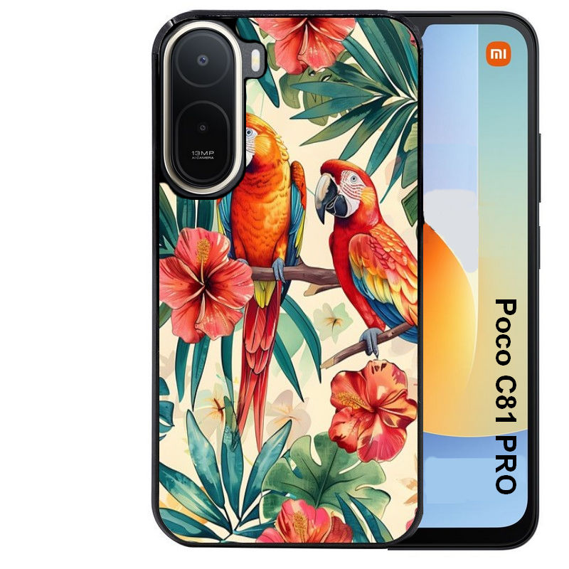Coque pour POCO C81 PRO perroquet et fleurs