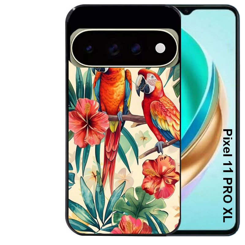 Coque pour Pixel 10 / 11 / PRO / XL perroquet et fleurs