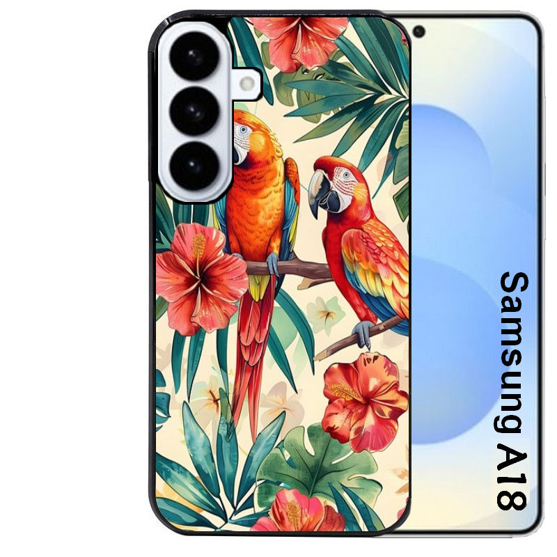 Coque pour Galaxy A08 A18 A28 A38 A58 perroquet et fleurs