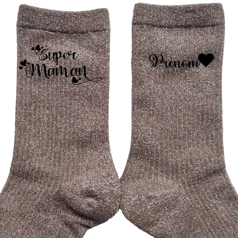 Chaussettes personnalisée paillettes bronze motif super maman